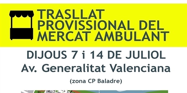 El mercat ambulant es trasllada, provissionalment, a l'Av. Generalitat Valenciana els dijous 7 i 14 de juliol